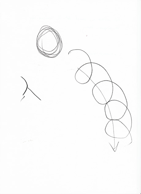 You see a pencil sketch of a rough circle, a spiral and the lambda symbol.