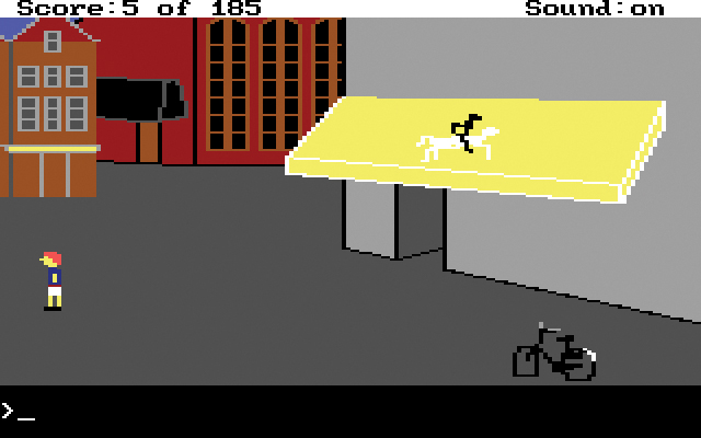 You see a screenshot from the computer game, in which the protagonist is standing on a deserted city square. To his north you see a church, and to his right a bar and a bicycle.