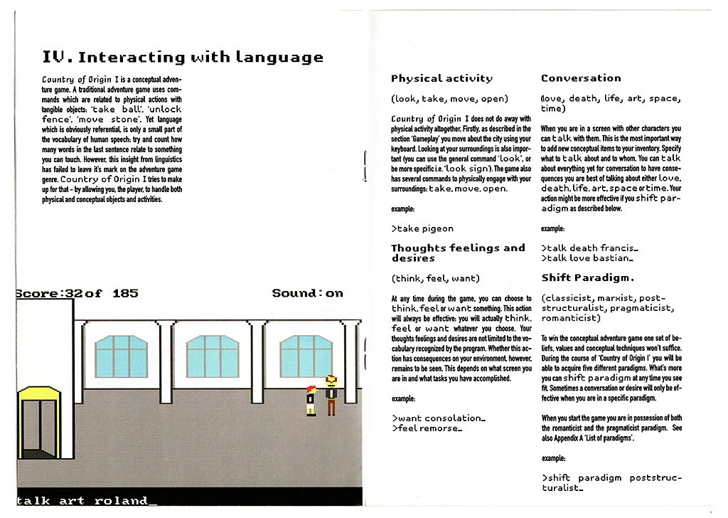 Now you see an inside spread, in which you can more accurately make out the size, which is roughly A5. The page is in full colour, and combines screenshots, illustration, and a detailed explanation of the workings of the game, in this case the commands used for talking and thinking.