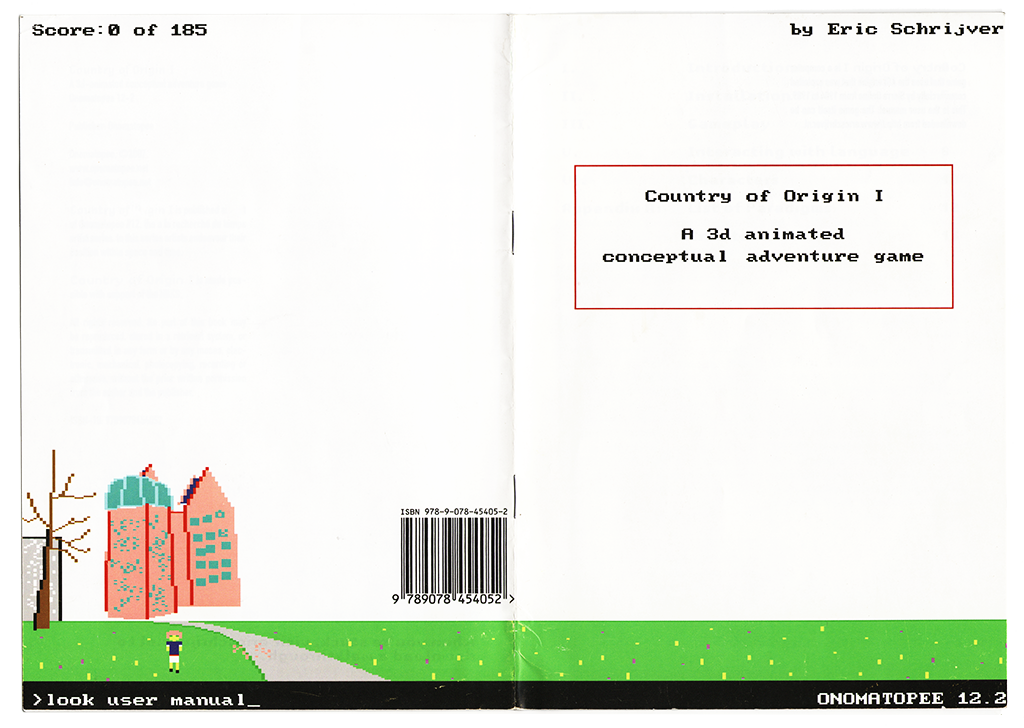 You see the front and back cover of the user manual of the computer game. Because you see both at the same time, you can see that the green shape on the front cover is part of a grass field. The lettering informs you of the title of the game, the name of it’s author, and the publisher. The typography is constructed from letters apparently used in the computer game.